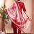 Red color art silk embroidered yoke design kurti pant dupatta set.