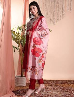 Red color art silk embroidered yoke design kurti pant dupatta set. 3