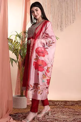 Red color art silk embroidered yoke design kurti pant dupatta set.