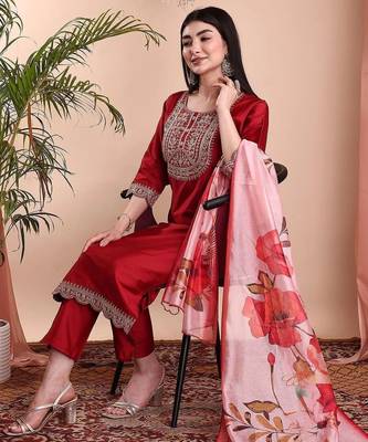 Red color art silk embroidered yoke design kurti pant dupatta set. 4