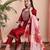 Red color art silk embroidered yoke design kurti pant dupatta set.