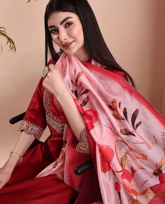 Red color art silk embroidered yoke design kurti pant dupatta set. 5