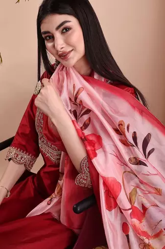 Red color art silk embroidered yoke design kurti pant dupatta set.