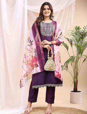 Wine color art silk embroidered yoke design kurti pant dupatta set. 1