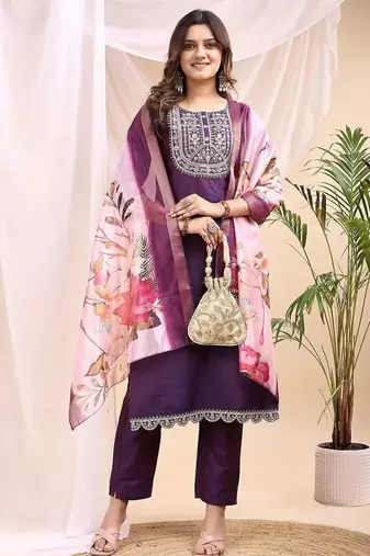 Wine color art silk embroidered yoke design kurti pant dupatta set.