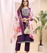 Wine color art silk embroidered yoke design kurti pant dupatta set.
