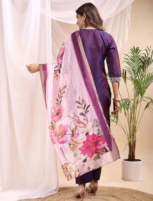 Wine color art silk embroidered yoke design kurti pant dupatta set. 2