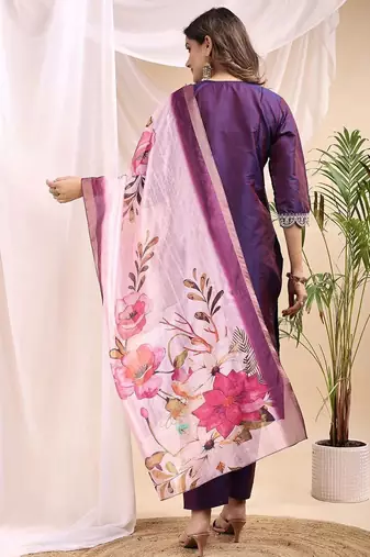 Wine color art silk embroidered yoke design kurti pant dupatta set.