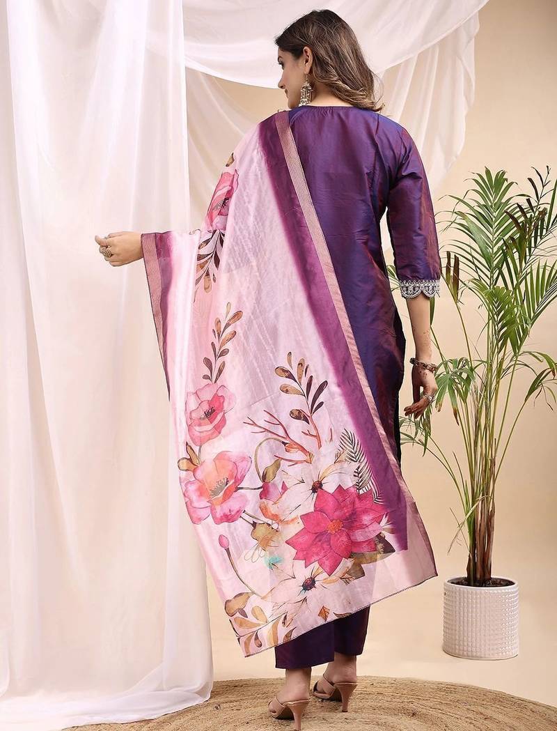 Wine color art silk embroidered yoke design kurti pant dupatta set.