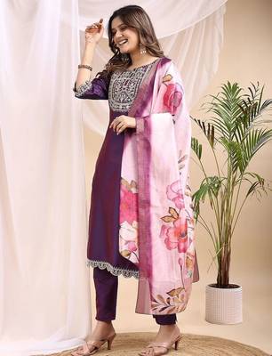 Wine color art silk embroidered yoke design kurti pant dupatta set. 3