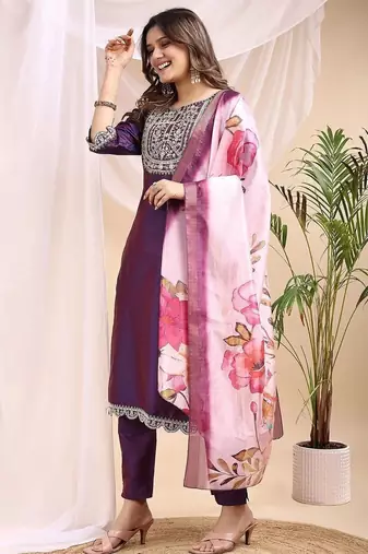 Wine color art silk embroidered yoke design kurti pant dupatta set.