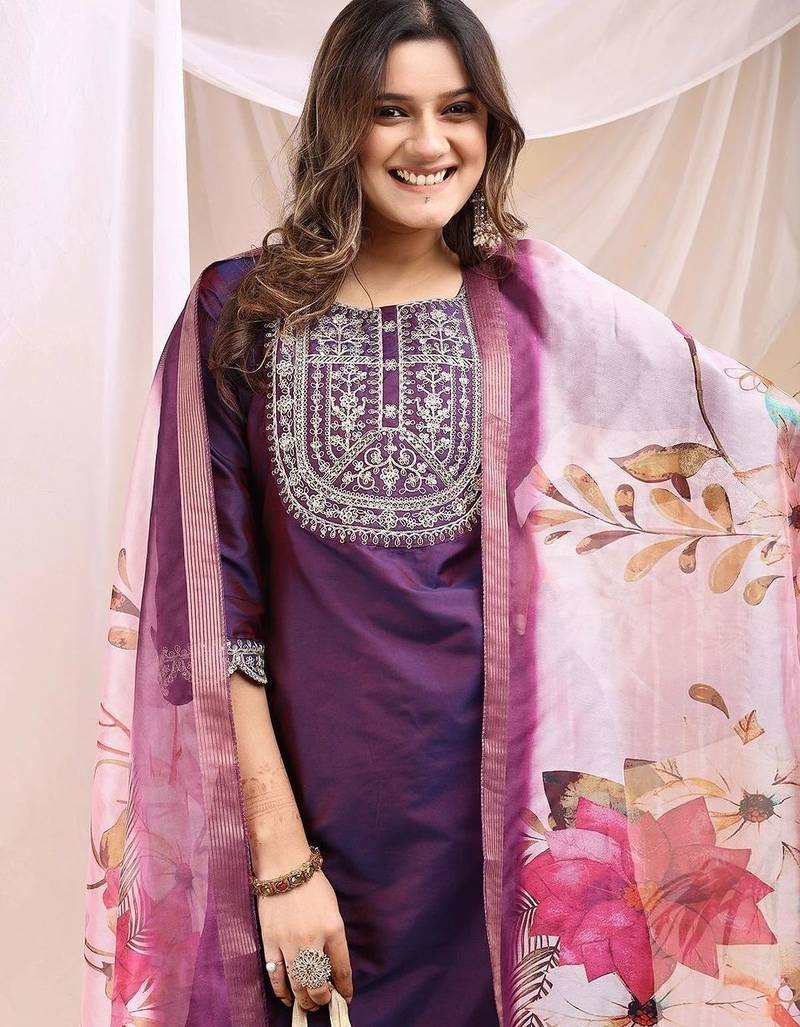 Wine color art silk embroidered yoke design kurti pant dupatta set.