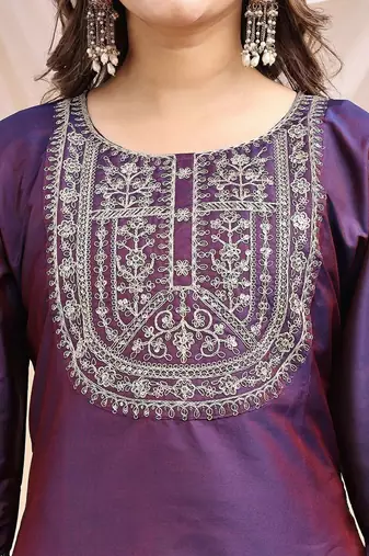 Wine color art silk embroidered yoke design kurti pant dupatta set.