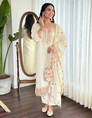 White color cotton slub embroidered yoke design kurti pant dupatta set 1