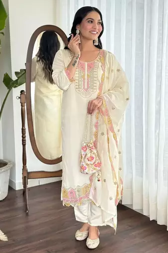 White color cotton slub embroidered yoke design kurti pant dupatta set