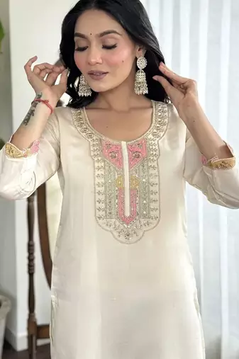 White color cotton slub embroidered yoke design kurti pant dupatta set