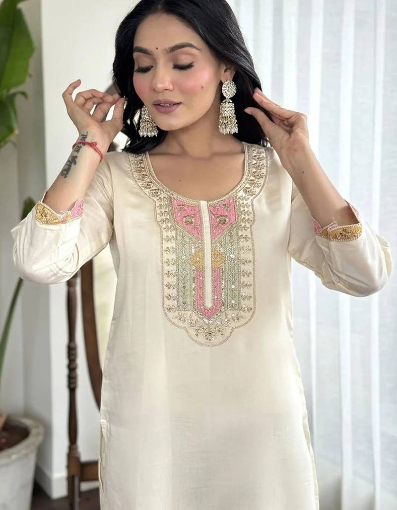 White color cotton slub embroidered yoke design kurti pant dupatta set
