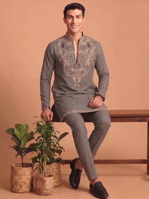 Premium lachka fabric embroidery work kurta set for men 1