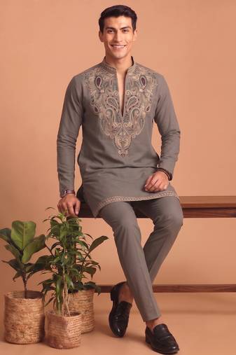Premium lachka fabric embroidery work kurta set for men