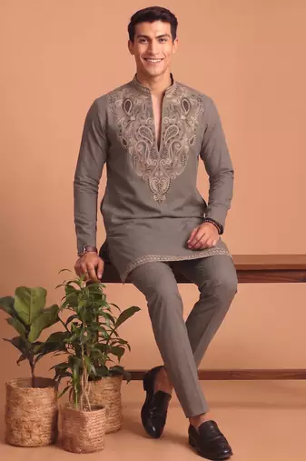 Premium lachka fabric embroidery work kurta set for men