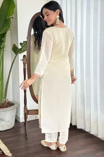 White color cotton slub embroidered yoke design kurti pant dupatta set