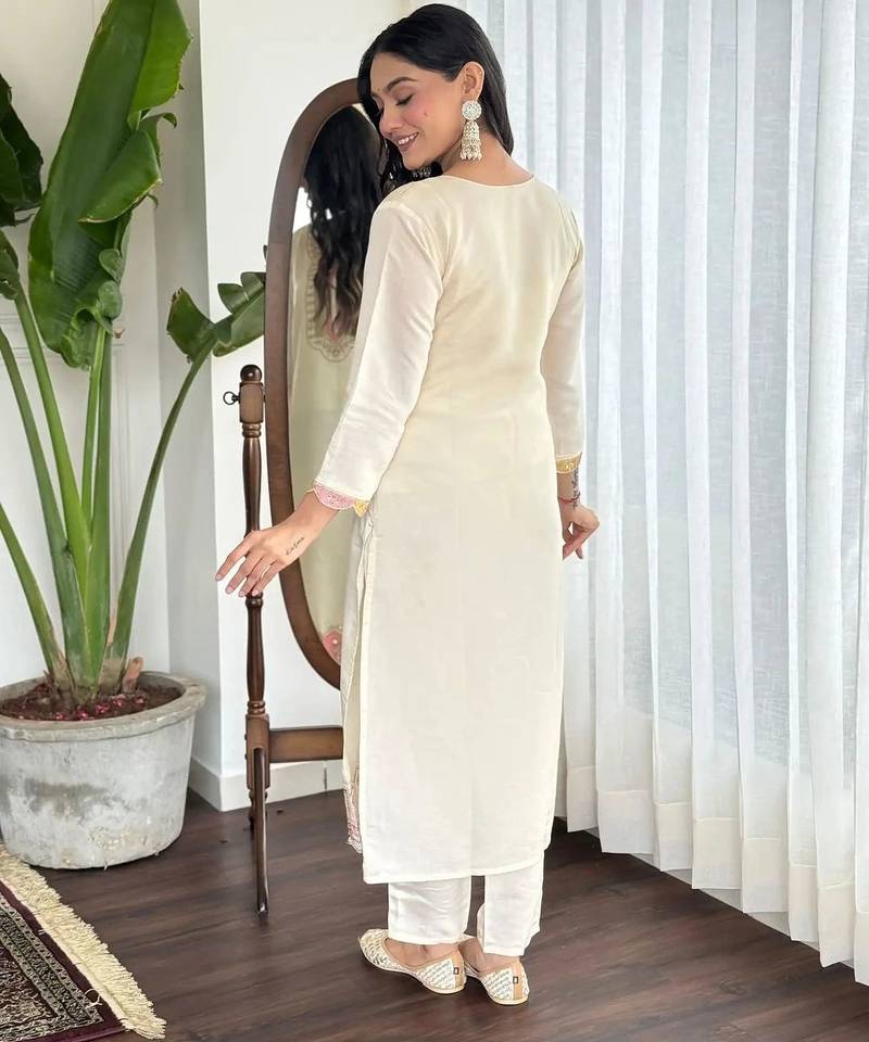 White color cotton slub embroidered yoke design kurti pant dupatta set