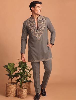 Premium lachka fabric embroidery work kurta set for men 2
