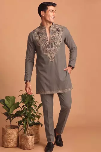 Premium lachka fabric embroidery work kurta set for men