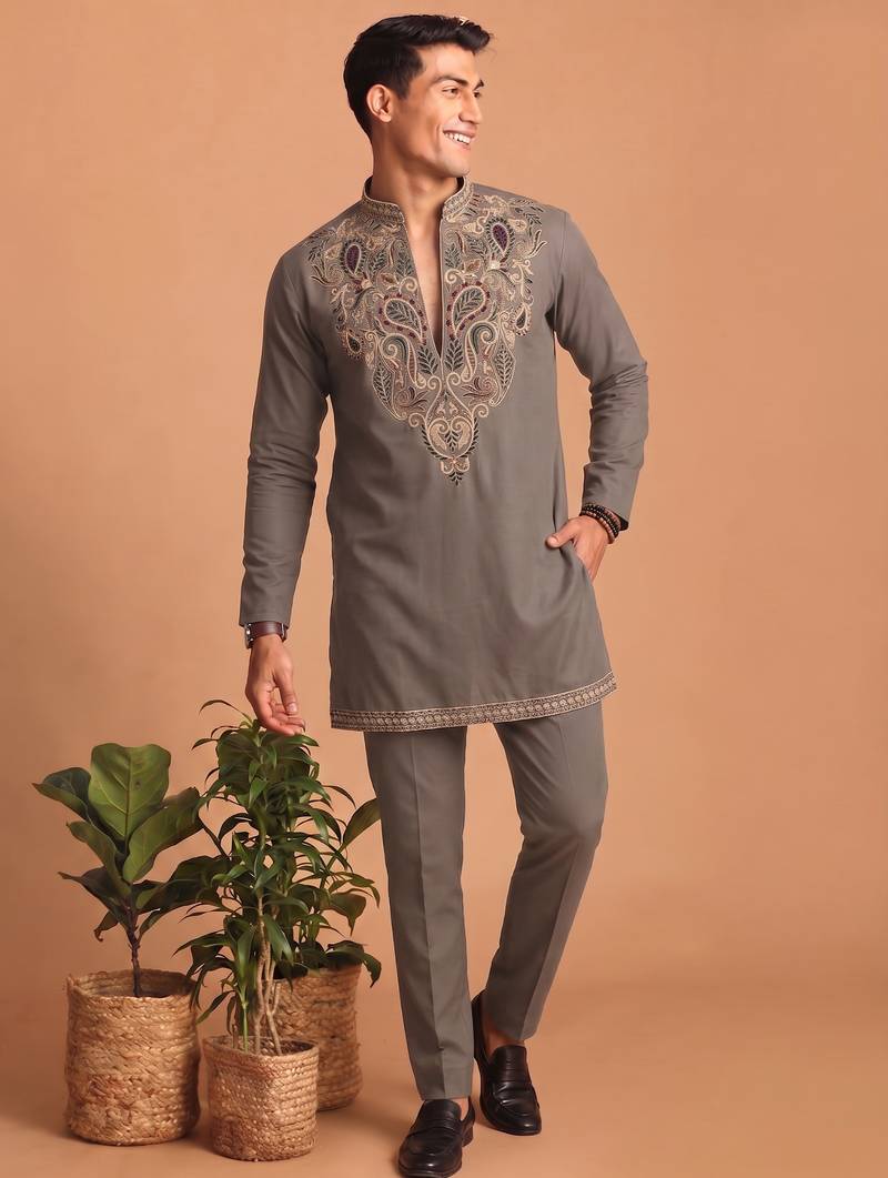 Premium lachka fabric embroidery work kurta set for men