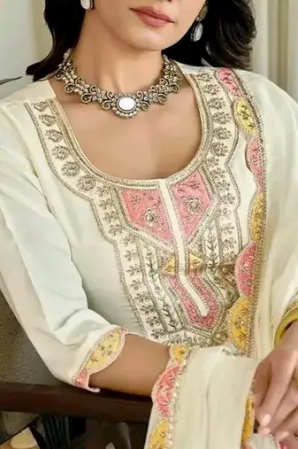 White color cotton slub embroidered yoke design kurti pant dupatta set