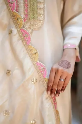White color cotton slub embroidered yoke design kurti pant dupatta set