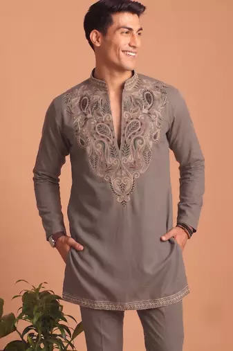 Premium lachka fabric embroidery work kurta set for men
