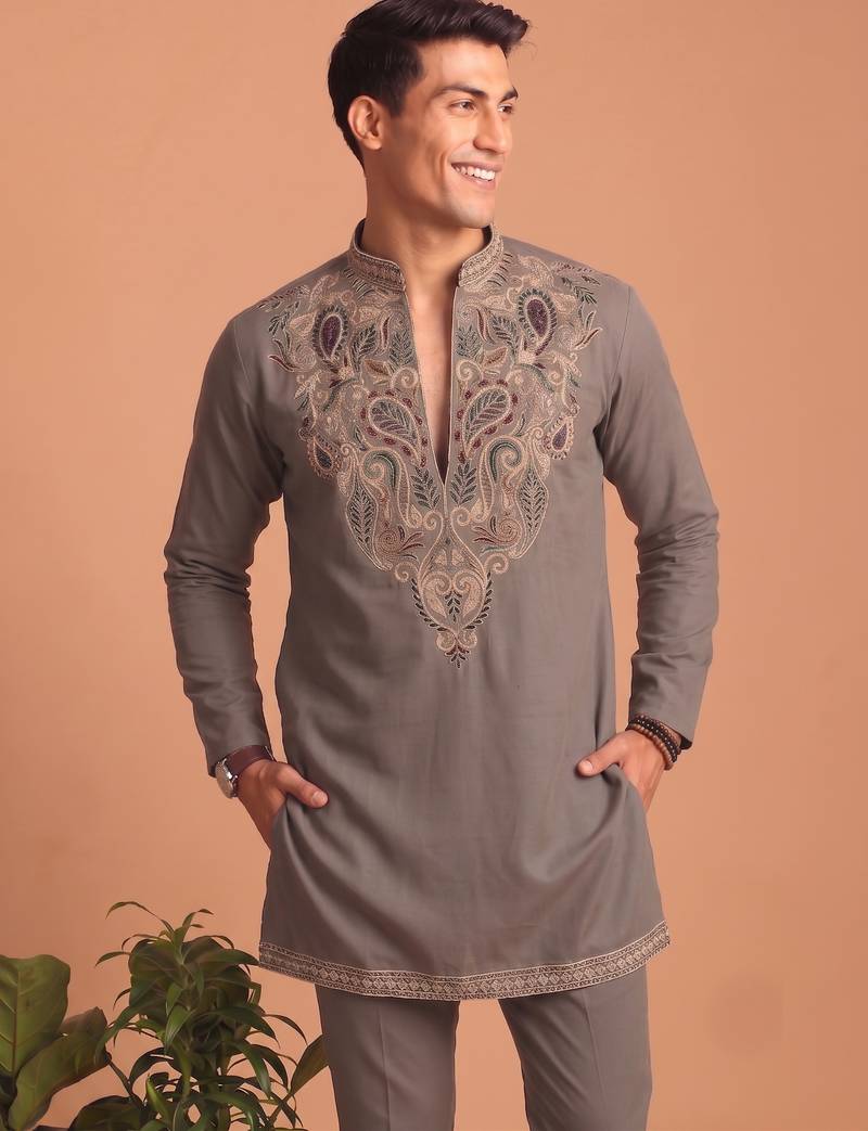 Premium lachka fabric embroidery work kurta set for men