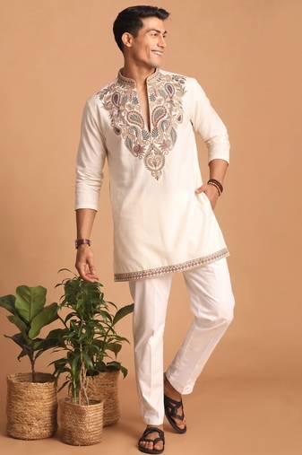  lachka fabric embroidery work kurta set for men