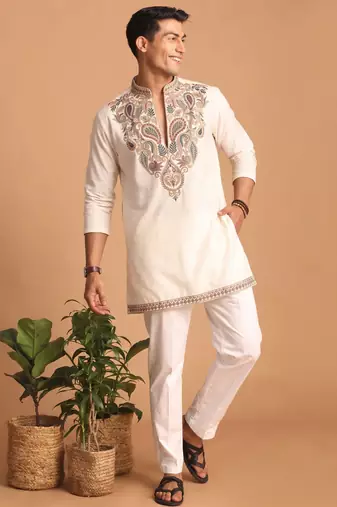  lachka fabric embroidery work kurta set for men
