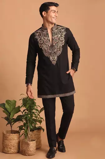  lachka fabric embroidery work kurta set for men