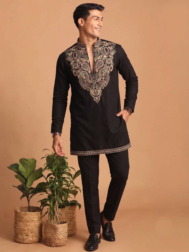  lachka fabric embroidery work kurta set for men