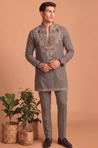 Premium lachka fabric embroidery work kurta set for men
