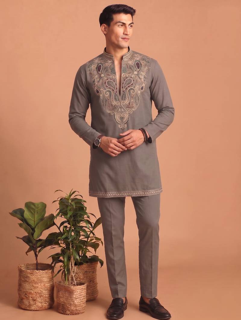 Premium lachka fabric embroidery work kurta set for men