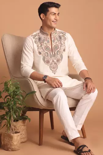  lachka fabric embroidery work kurta set for men