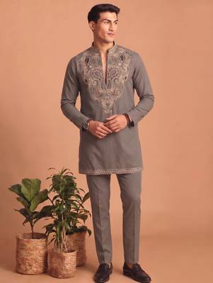 Premium lachka fabric embroidery work kurta set for men 5