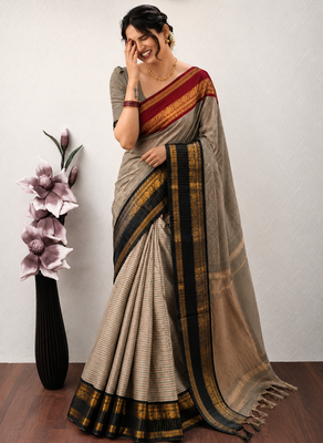 Beige silk blend woven saree withbengal handloom 4