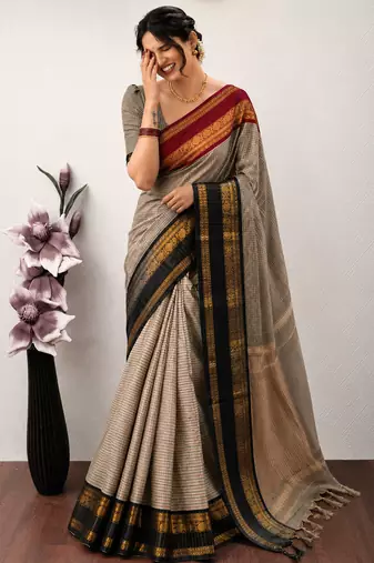 Beige silk blend woven saree withbengal handloom
