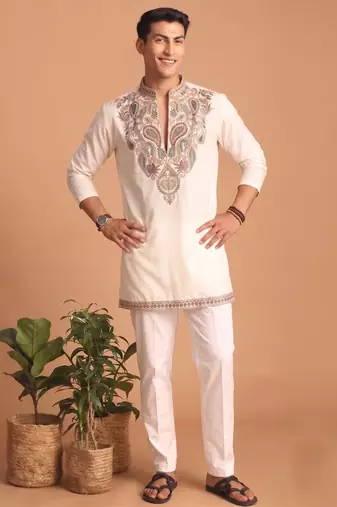  lachka fabric embroidery work kurta set for men