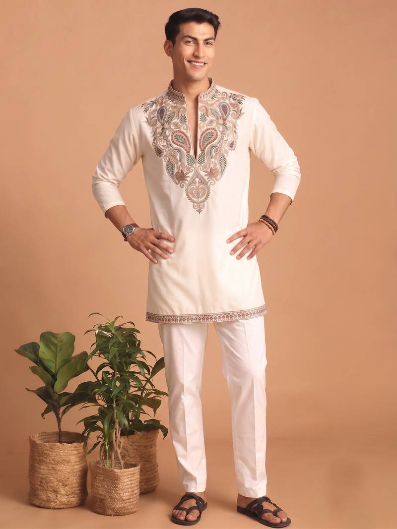  lachka fabric embroidery work kurta set for men