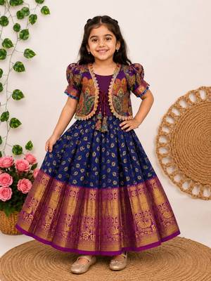 Jacquard fabric with weaving zari border kids gown with koti 1