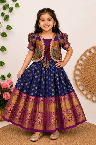 Jacquard fabric with weaving zari border kids gown with koti