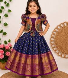 Jacquard fabric with weaving zari border kids gown with koti