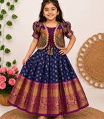 Jacquard fabric with weaving zari border kids gown with koti