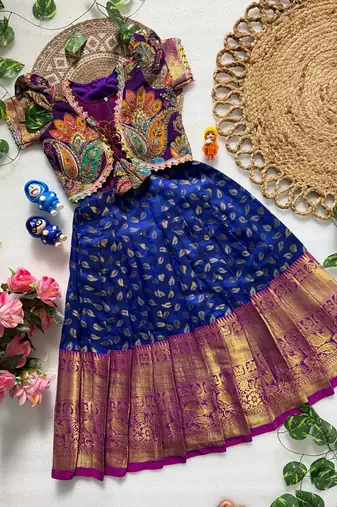 Jacquard fabric with weaving zari border kids gown with koti